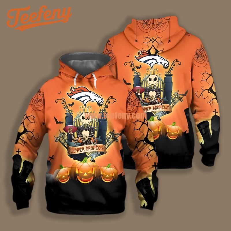 Denver Broncos Jack Skellington Pumpkin Orange Graphic 3D Hoodie