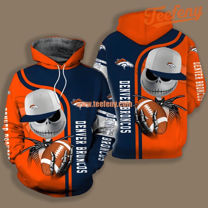 Denver Broncos Jack Skellington With Ball Blue Novelty 3D Hoodie