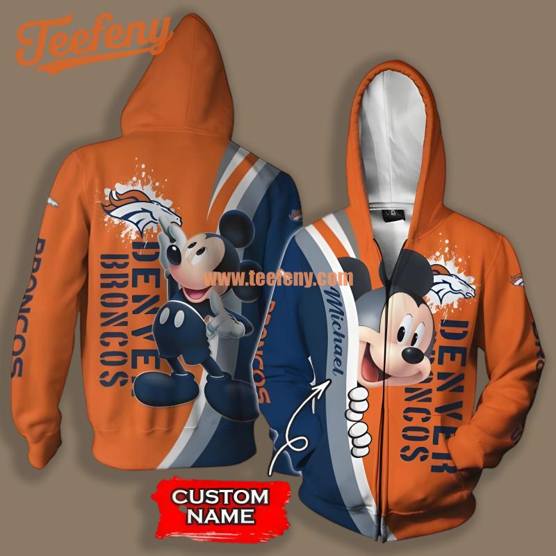 Denver Broncos Mickey Mouse Disney Yellow 3D Hoodie Zipper