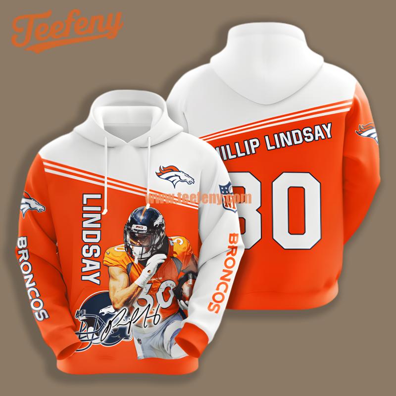 Denver Broncos Phillip Lindsay Player Orange Pullover 3D Hoodie