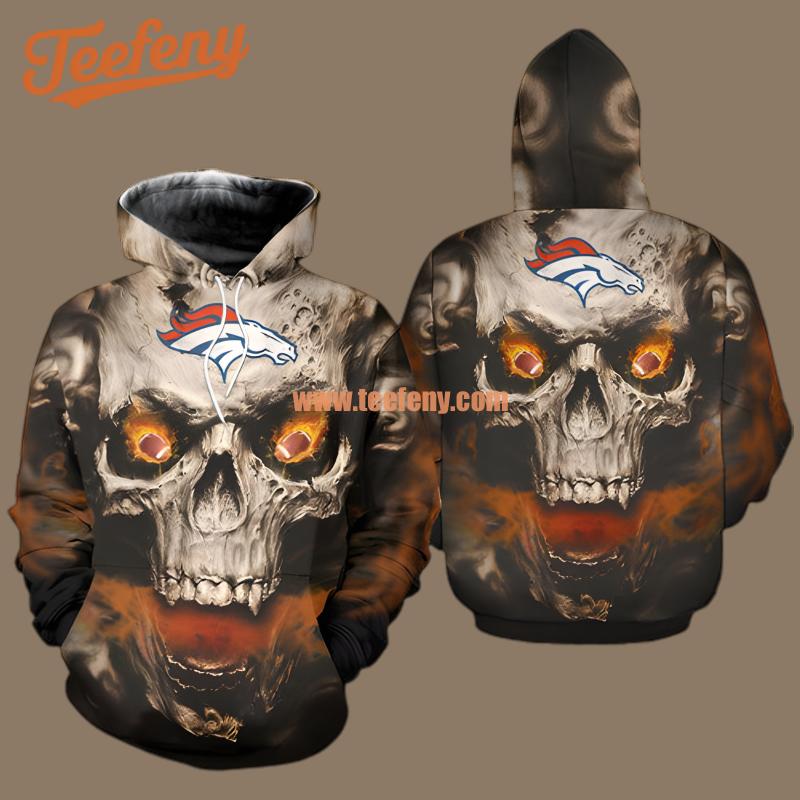 Denver Broncos Spooky Skull Fire Black Fashion 3D Hoodie