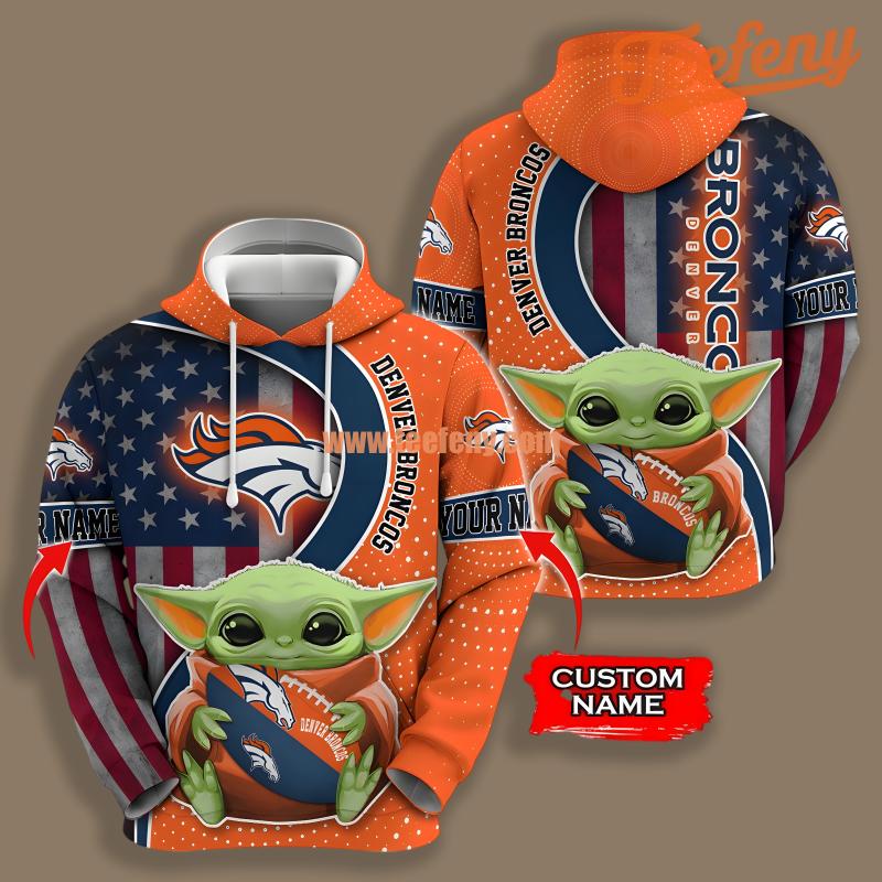 Denver Broncos Star Wars Baby Yoda Orange 3D Mens Hoodie