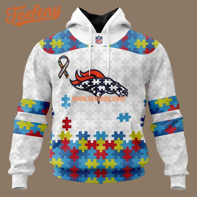 Denver Broncos Support Autism Awareness White Printing 3D Hoodie