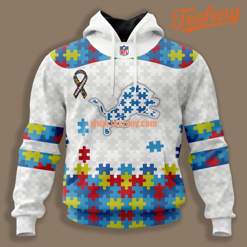 Detroit Lions Autism Puzzle Ribbon White Art 3D Hoodie