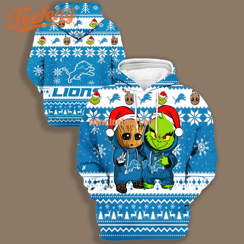 Detroit Lions Baby Groot Grinch Blue White For Sale 3D Hoodie