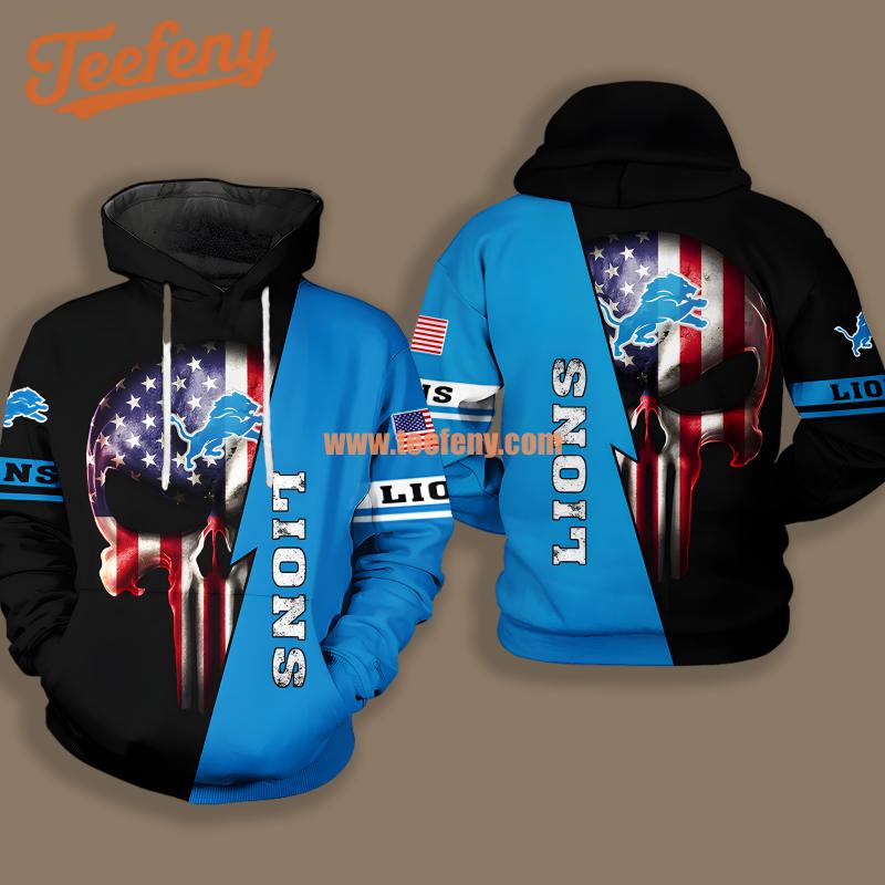 Detroit Lions Flag Skull Blue Black Graphic 3D Hoodie
