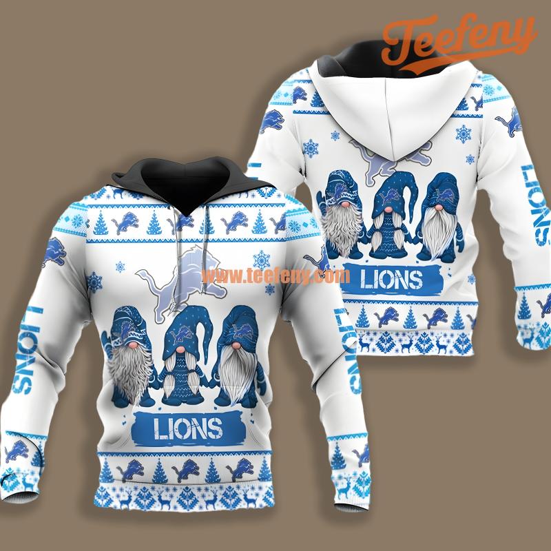 Detroit Lions Gnomes Christmas Blue White Illusion 3D Hoodie