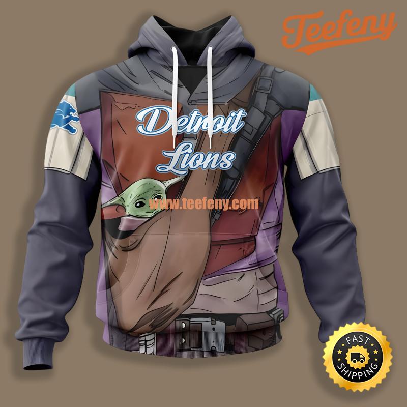 Detroit Lions Grogu Star Wars Grey Printed 3D Hoodie