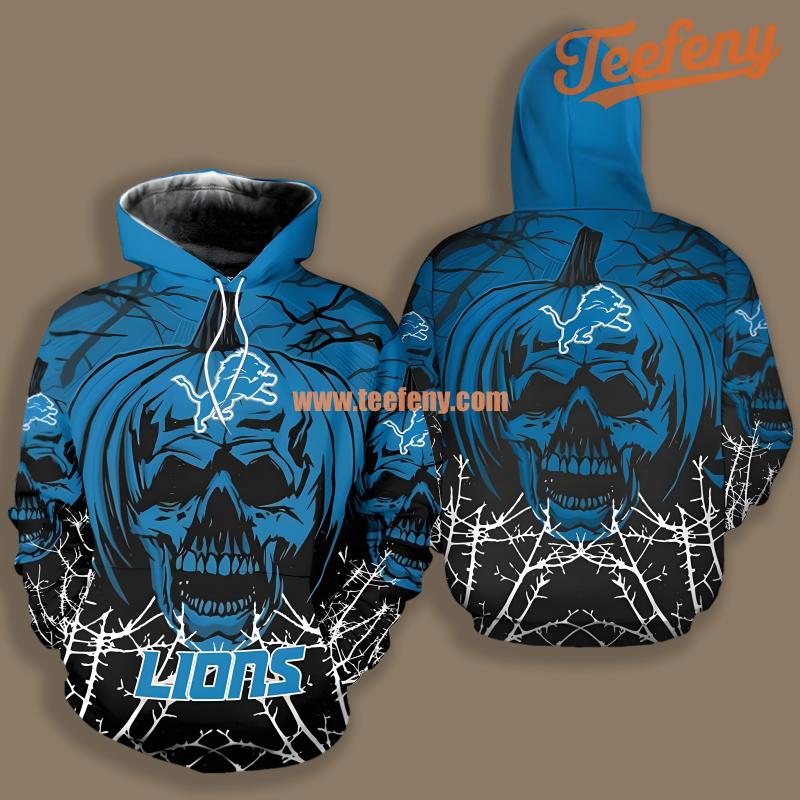 Detroit Lions Halloween Pumpkin Skull Blue Black Design 3D Hoodie