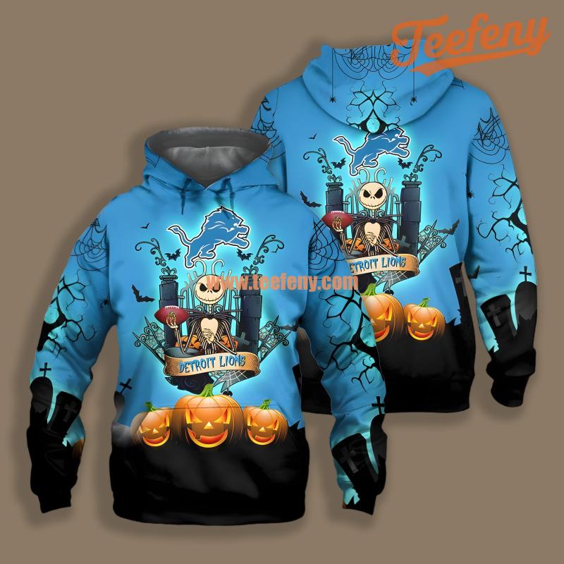 Detroit Lions Jack Skellington Pumpkin Halloween Blue Boys 3D Hoodie