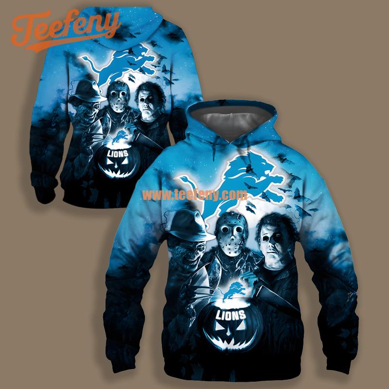 Detroit Lions Michael Myers Jason Halloween Blue Boys 3D Hoodie