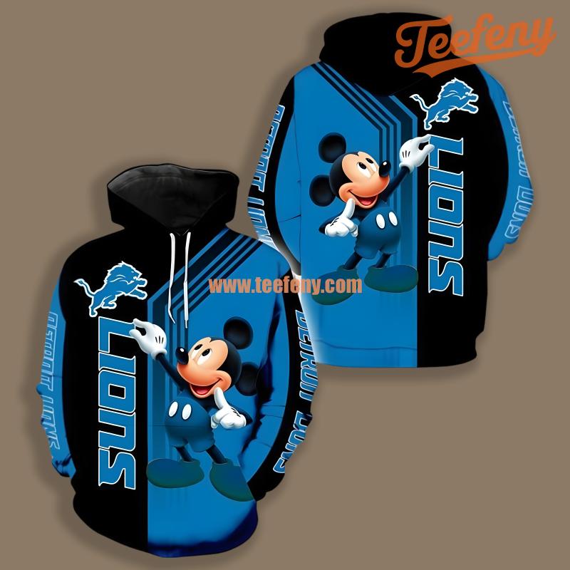 Detroit Lions Mickey Mouse Blue Black Fashion 3D Hoodie