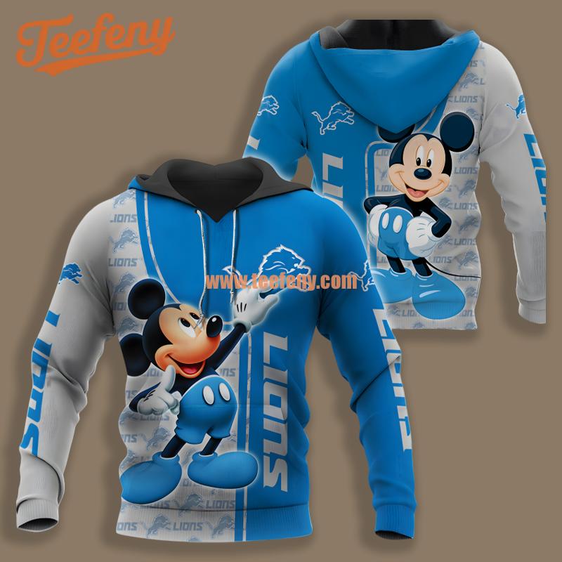 Detroit Lions Mickey Mouse Blue Grey Design 3D Hoodie