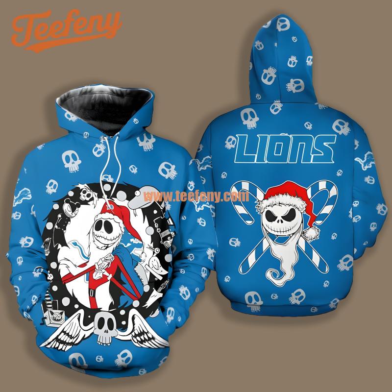 Detroit Lions Santa Jack Skellington Christmas Blue Novelty 3D Hoodie