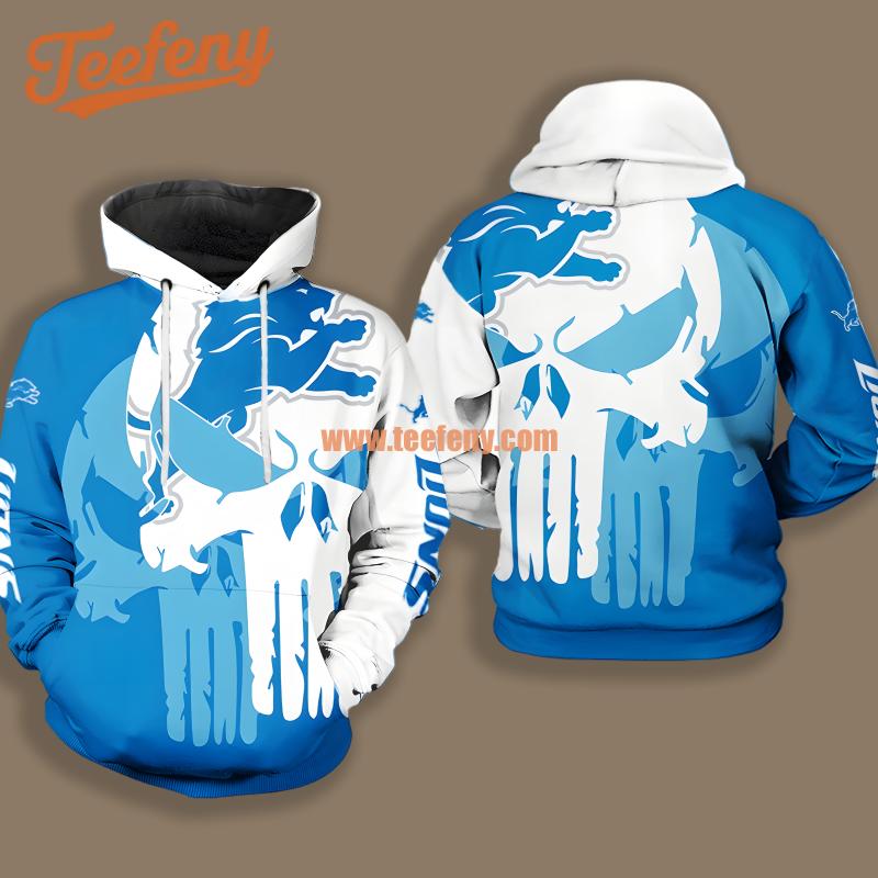 Detroit Lions Skull Blue White Illusion 3D Hoodie