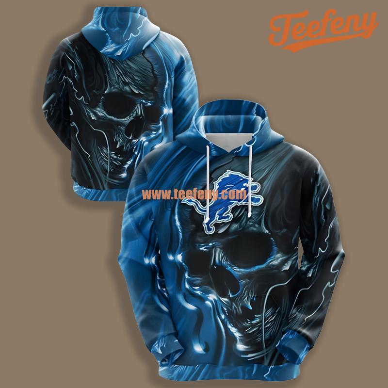 Detroit Lions Skull Halloween Blue Black Zipper 3D Hoodie