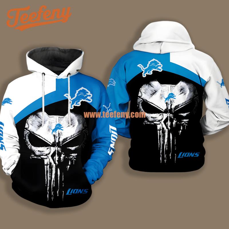 Detroit Lions Skull Punisher Blue Black Zip Up 3D Hoodie