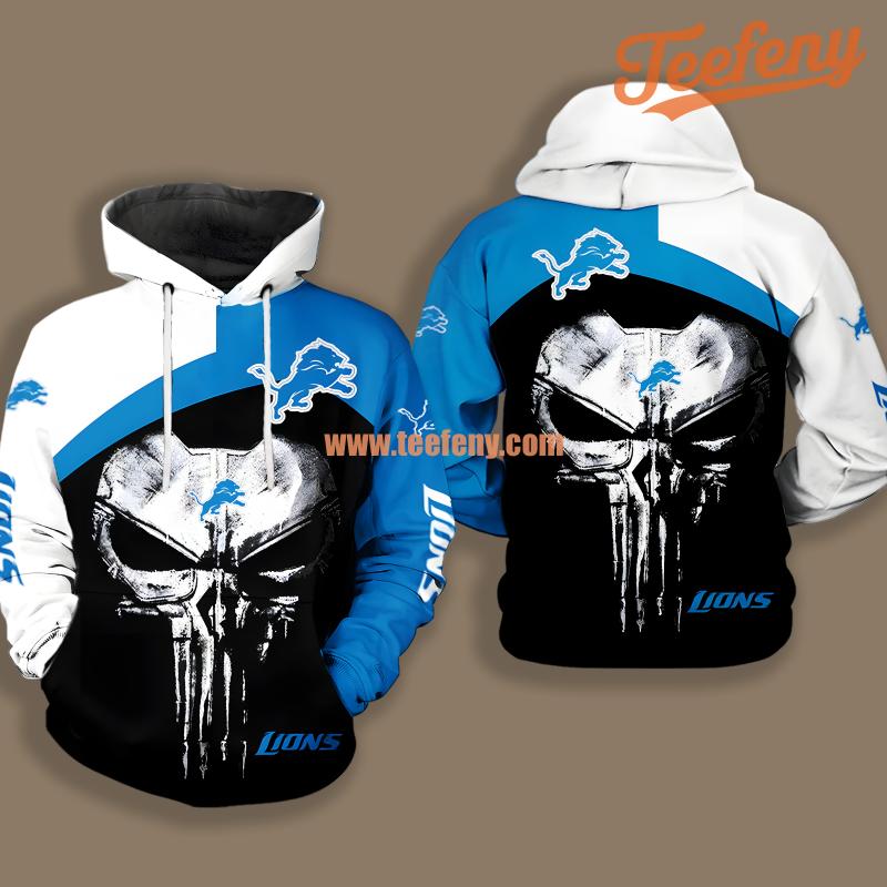 Detroit Lions Skull Punisher White Blue Design 3D Hoodie