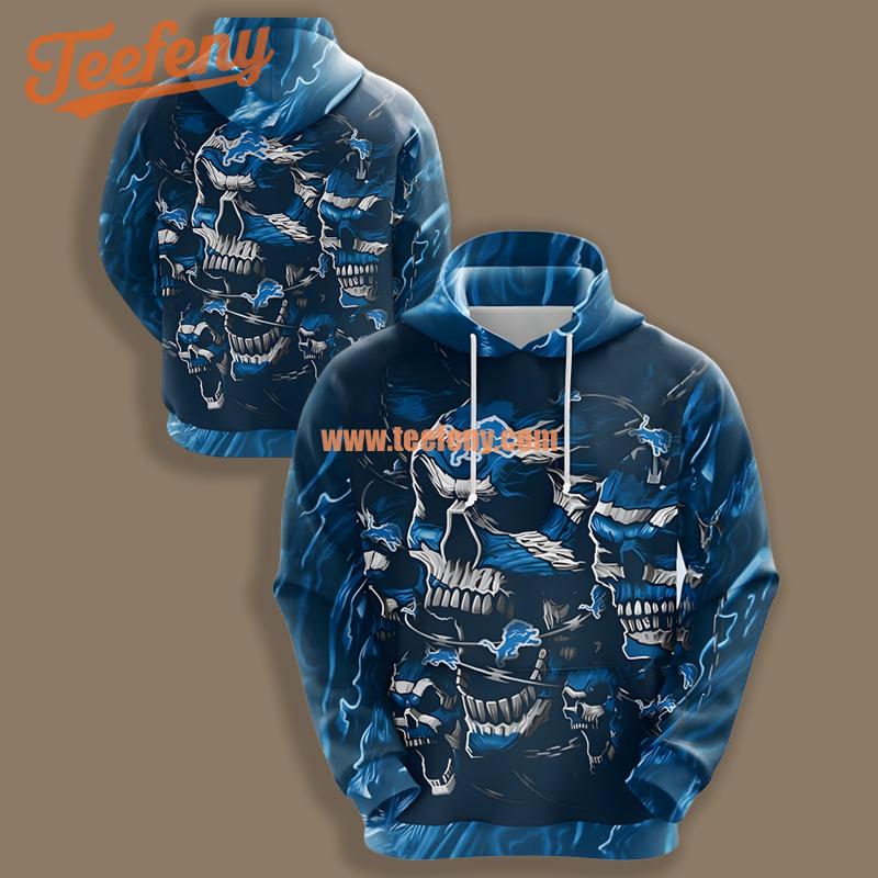 Detroit Lions Skull Scary Blue Novelty 3D Hoodie