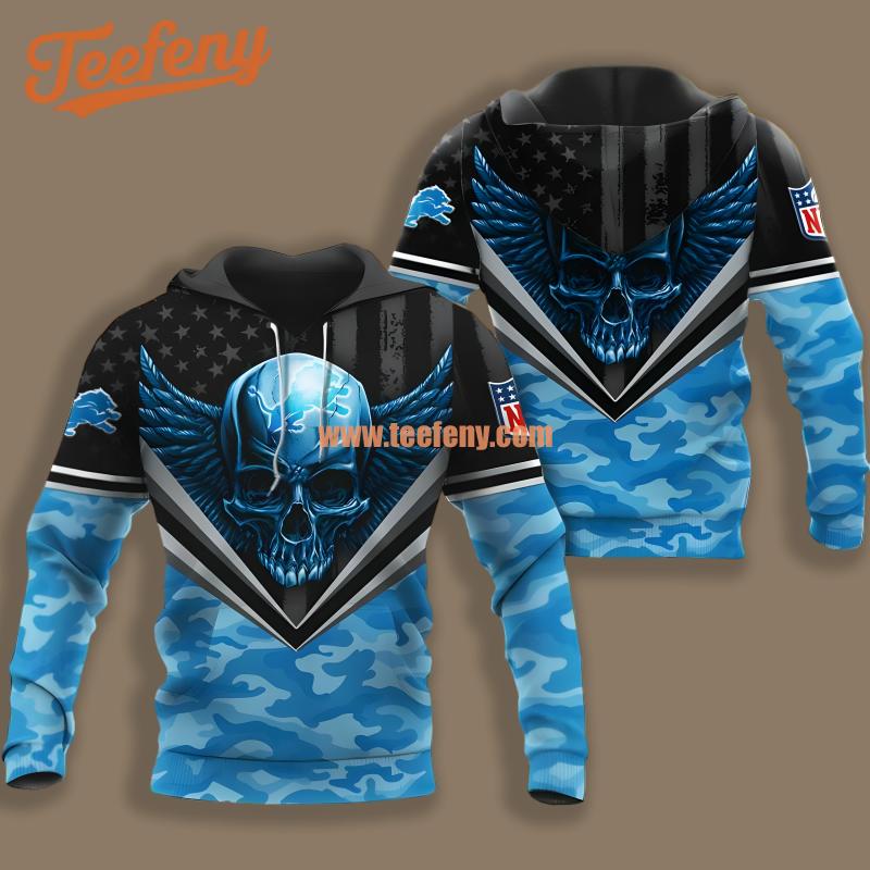 Detroit Lions Skull Wings Blue Black Design 3D Hoodie