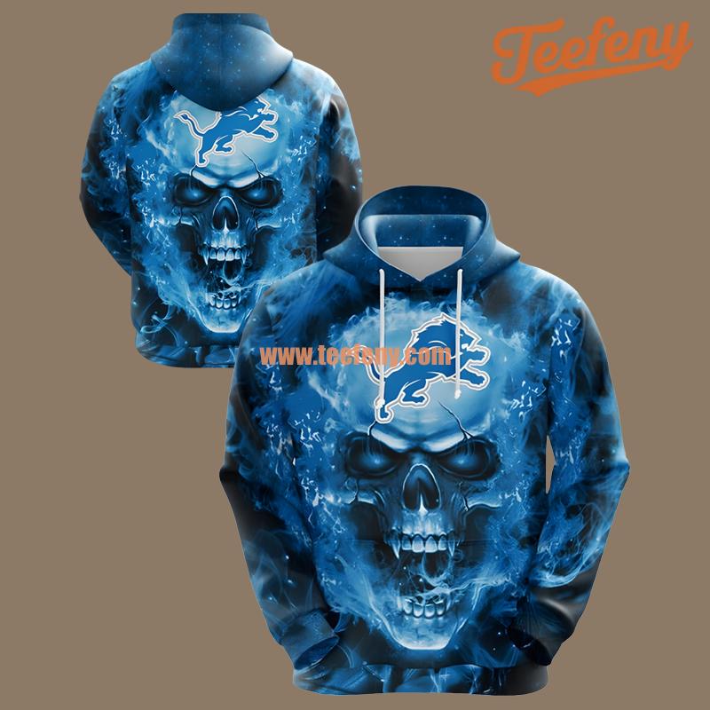 Detroit Lions Smoke Skull Blue Pullover 3D Hoodie