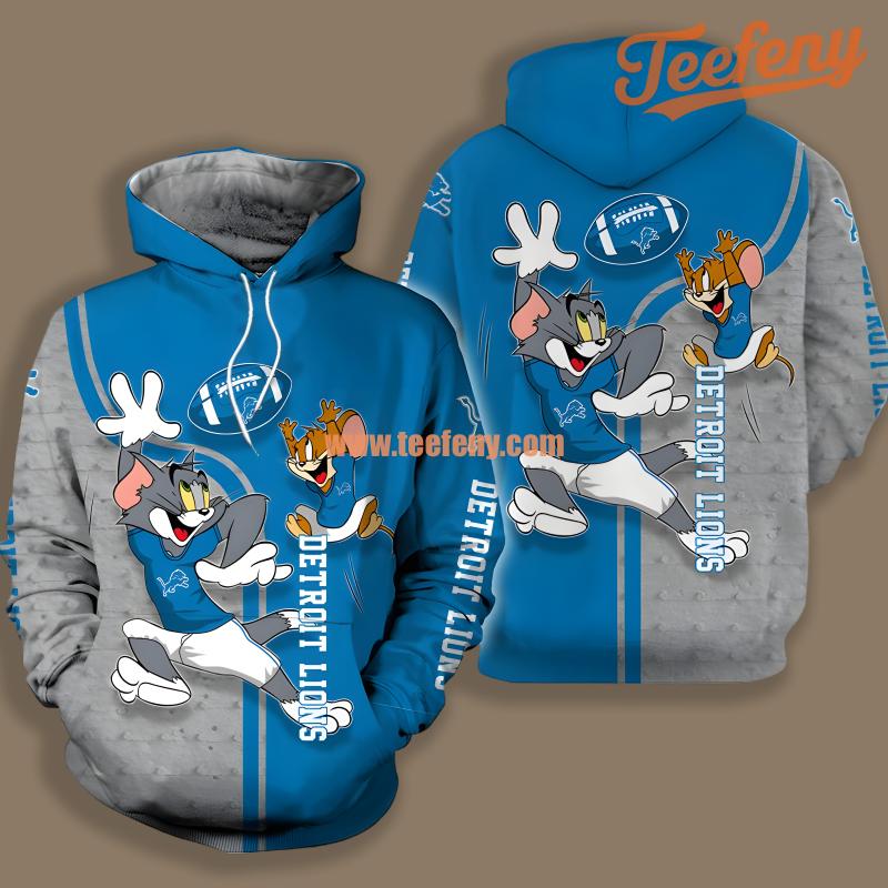 Detroit Lions Tom And Jerry Grey Blue For Men 3D Hoodie