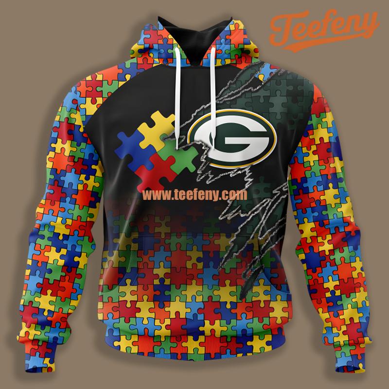 Green Bay Packers Autism Awareness Black Graphic 3D Hoodie