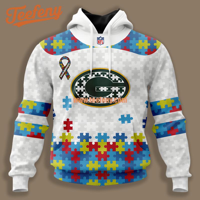 Green Bay Packers Autism Awareness Puzzle Ribbon White Blue Mens 3D Hoodie