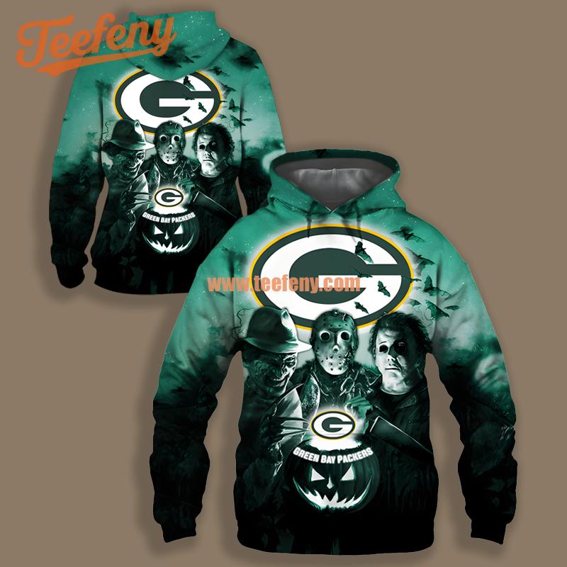 Green Bay Packers Jason Voorhees Freddy Krueger Halloween Green Novelty 3D Hoodie
