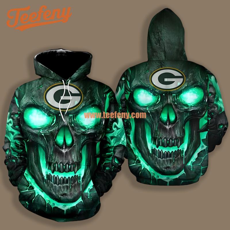 Green Bay Packers Skull Black Green Puff Print 3D Hoodie