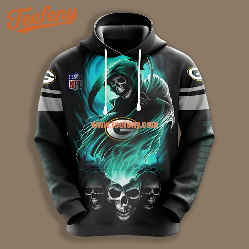 Green Bay Packers Skull Black Mens 3D Hoodie