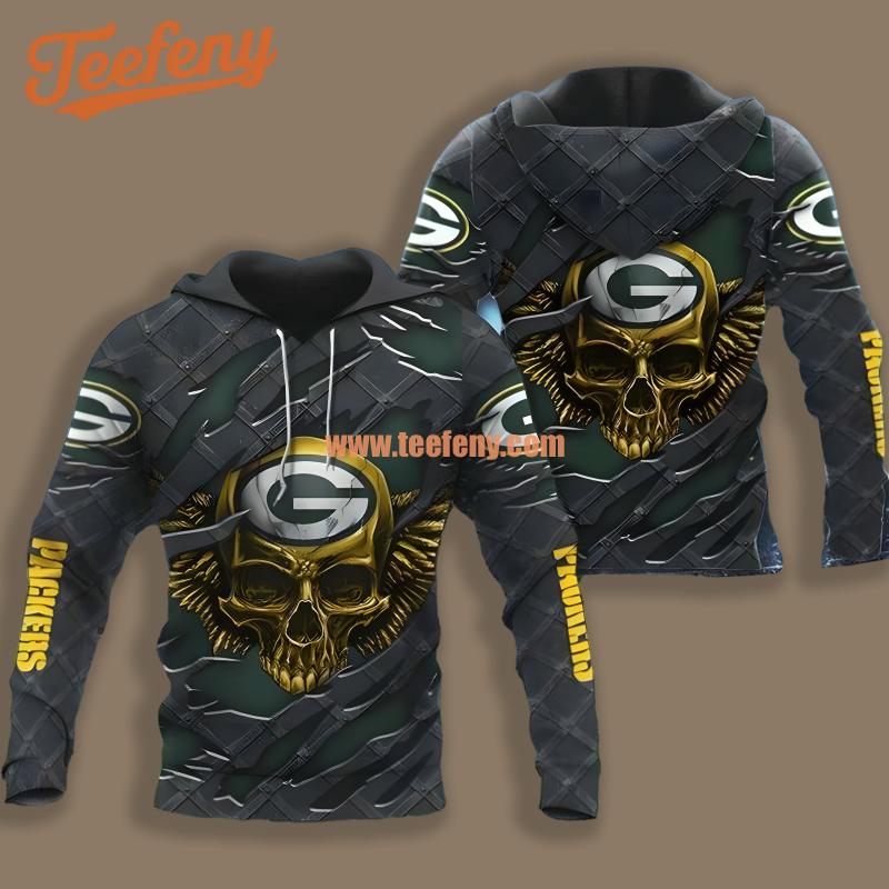 Green Bay Packers Skull Crack Black Zip Up 3D Hoodie