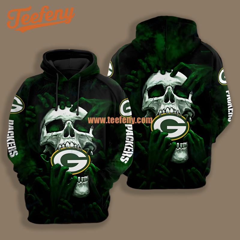 Green Bay Packers Skull Horror Hand Black Green Design 3D Hoodie