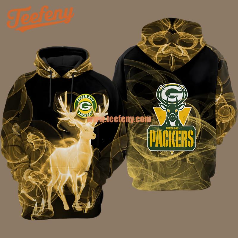 Green Bay Packers Smoke Deer Yellow Black Zipper 3D Hoodie