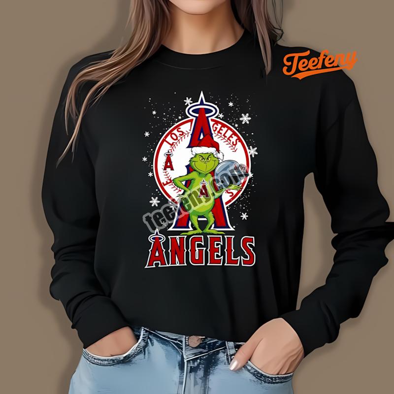 Grinch Carrying Los Angeles Angels Helmet Long Sleeve Grinch Carrying Los Angeles Angels Helmet Long Sleeve