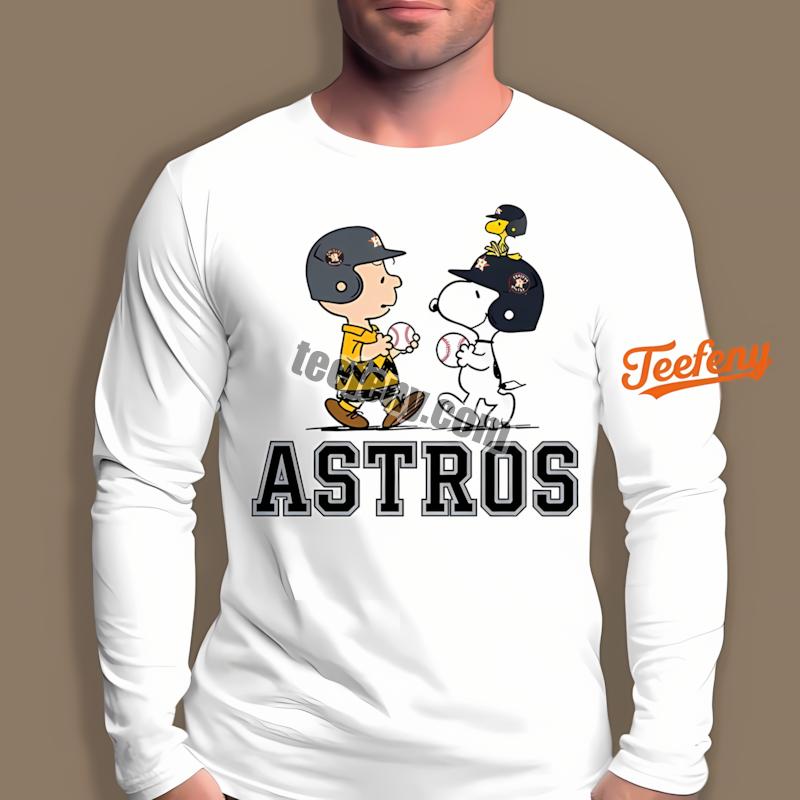 Houston Astros Charlie Brown And Snoopy Play Together Mens Long Sleeve Houston Astros Charlie Brown And Snoopy Play Together Mens Long Sleeve