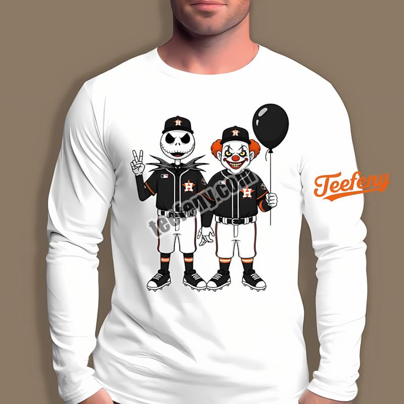 Houston Astros Jack Skellington And Pennywise Halloween Long Sleeve For Fan Houston Astros Jack Skellington And Pennywise Halloween Long Sleeve For Fan