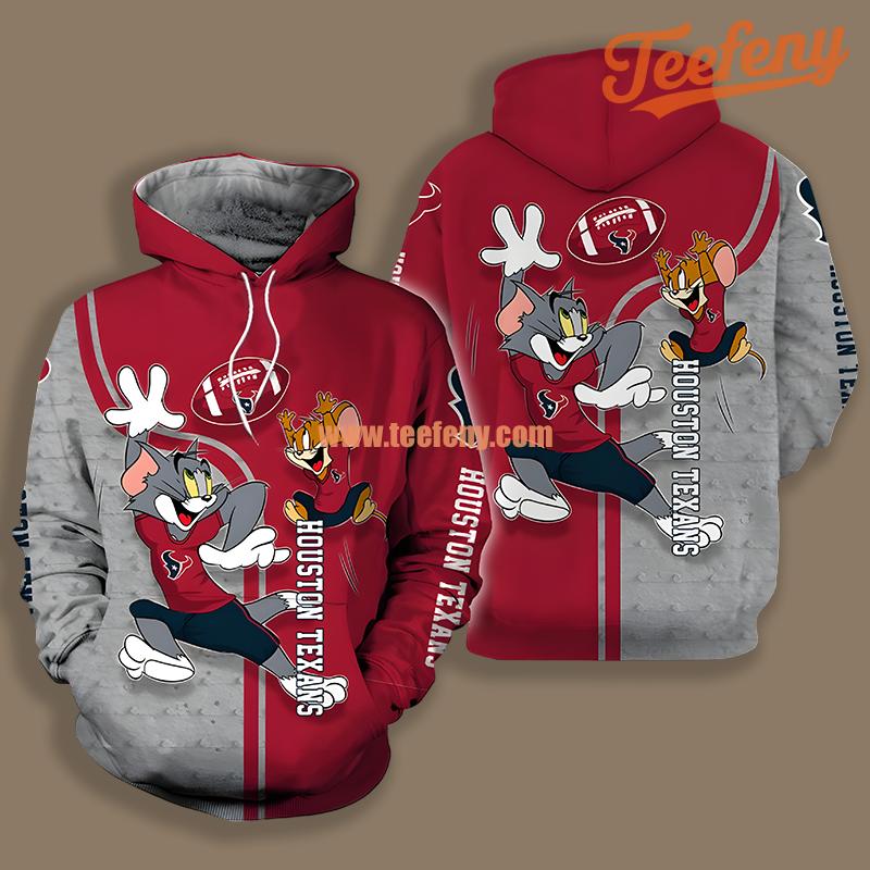 Houston Texans Tom And Jerry Red Grey Illusion 3D Hoodie