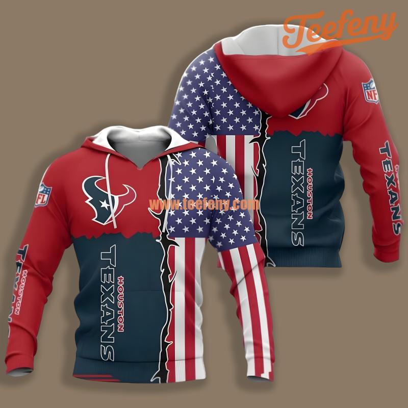 Houston Texans Us Flag Red Blue Print 3D Hoodie