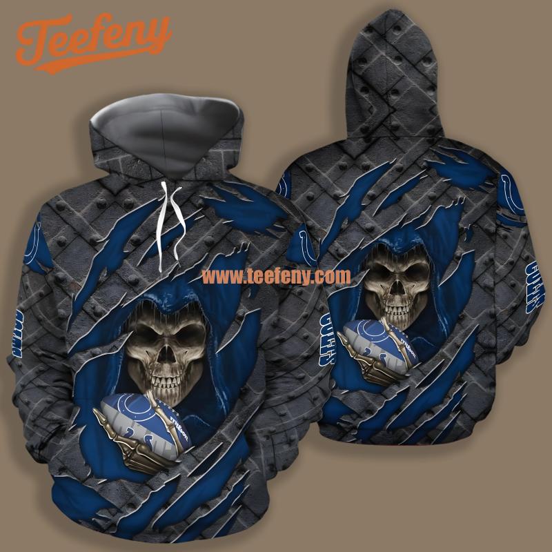 Indianapolis Colts Cracked Skull Blue Grey Printed 3D Hoodie