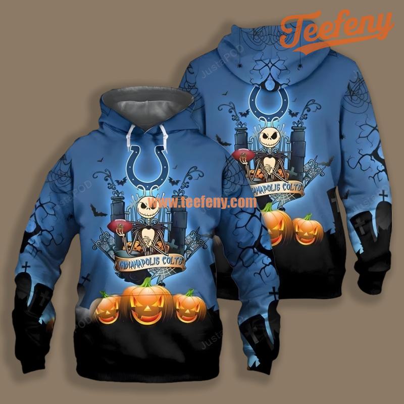 Indianapolis Colts Jack Skellington Pumpkin Halloween Blue Puff Print 3D Hoodie
