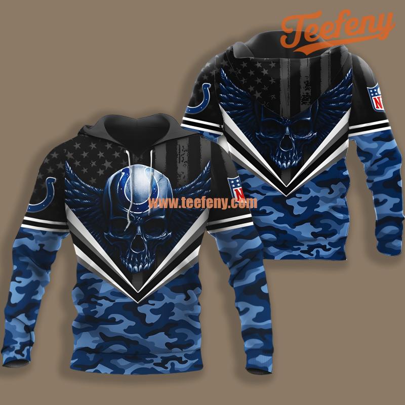 Indianapolis Colts Skull Wings Blue Black Illusion 3D Hoodie