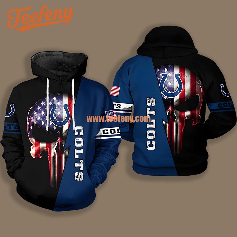 Indianapolis Colts Us Flag Skull Black Blue Pattern 3D Hoodie