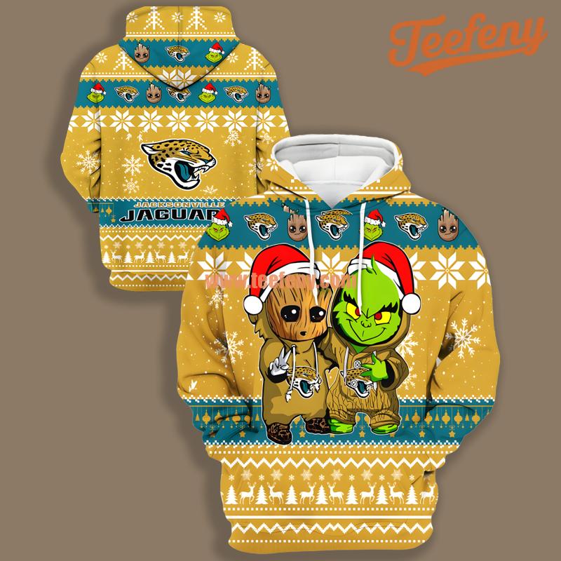 Jacksonville Jaguars Baby Groot Grinch Blue Yellow For Sale 3D Hoodie