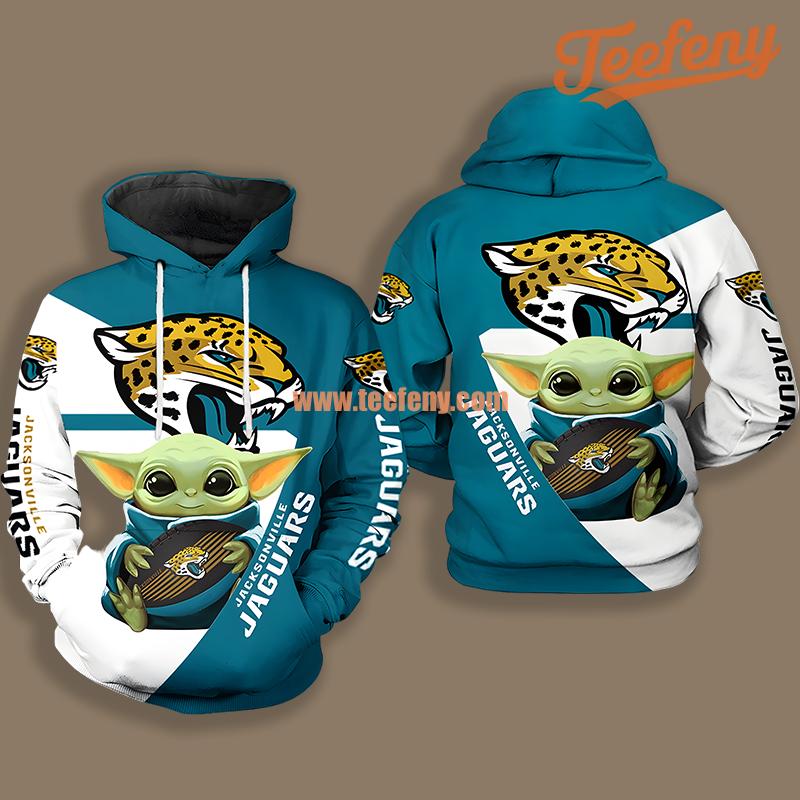 Jacksonville Jaguars Baby Yoda Star Wars White Blue Printed 3D Hoodie