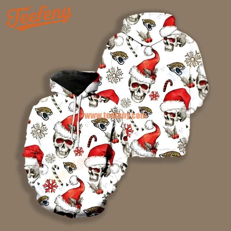 Jacksonville Jaguars Christmas Santa Skull White Red Pullover 3D Hoodie