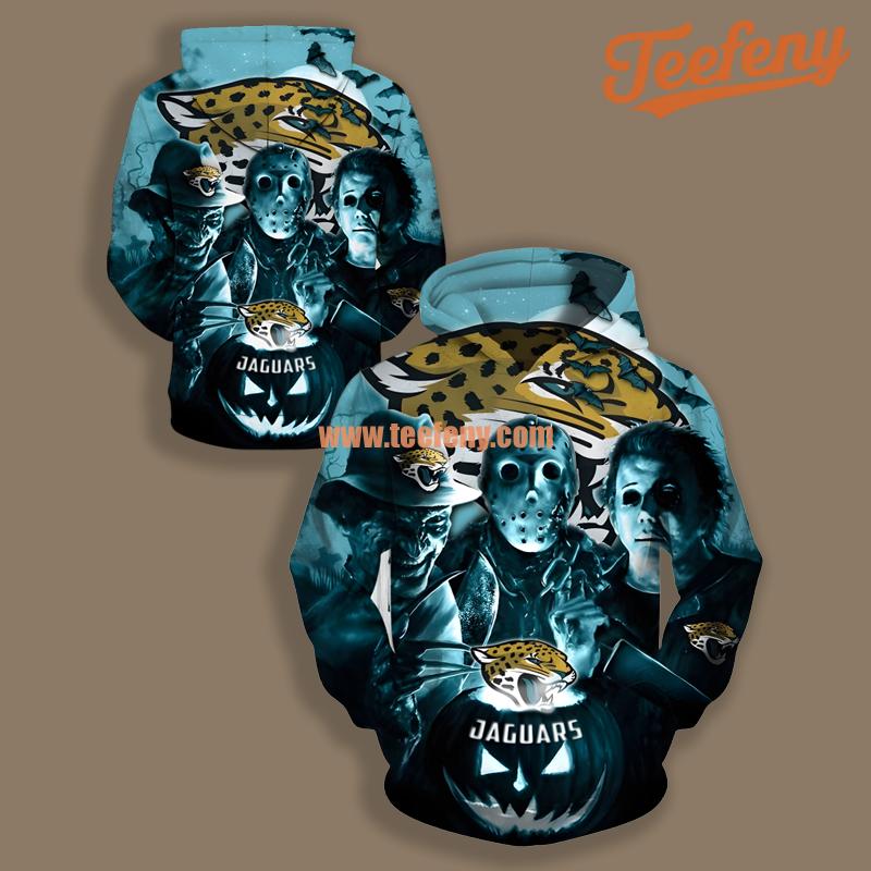 Jacksonville Jaguars Michael Myers Freddy Halloween Blue Novelty 3D Hoodie