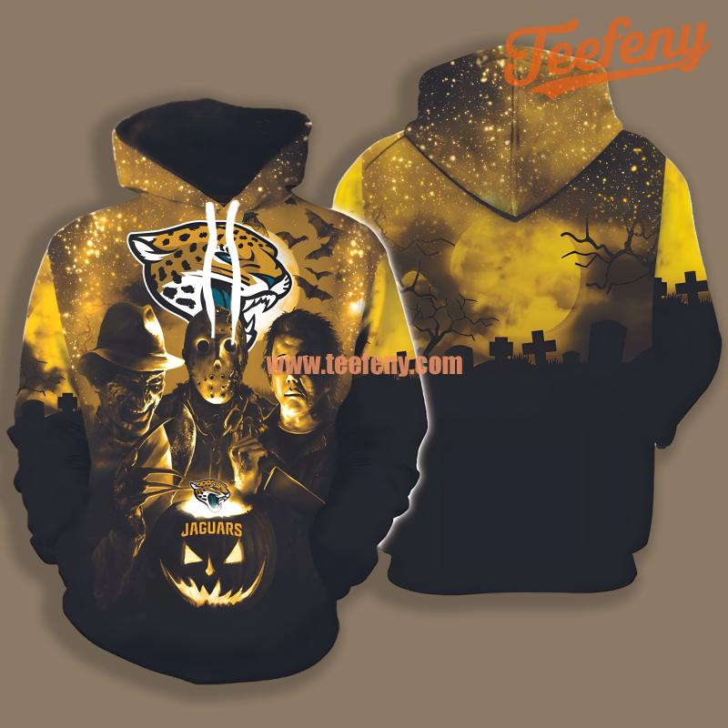 Jacksonville Jaguars Michael Myers Jason Under Moon Black Zip Up 3D Hoodie