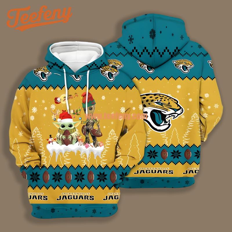Jacksonville Jaguars Santa Baby Yoda Groot Blue Yellow Horror 3D Hoodie