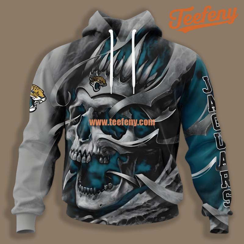 Jacksonville Jaguars Skull Scary Blue White Zipper 3D Hoodie